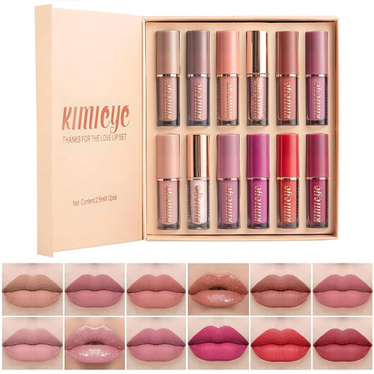 12Pcs Velvet Matte Liquid Lipstick Set, Waterproof Long Lasting Quick-drying Non-Stick Cup Nude Lip Stain Kit, Up to 24H Wear, Professional Lip Makeup Gift Kit for Women (SET A)-VivaGrace Women