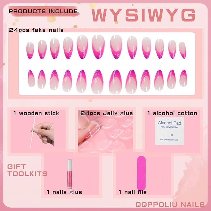 French Tip Press on Nails Almond Nails Press Ons Medium Glue on Nails Purple Nails with 3D Designs Cute Fake Nails 24PCS(Pink & Purple)