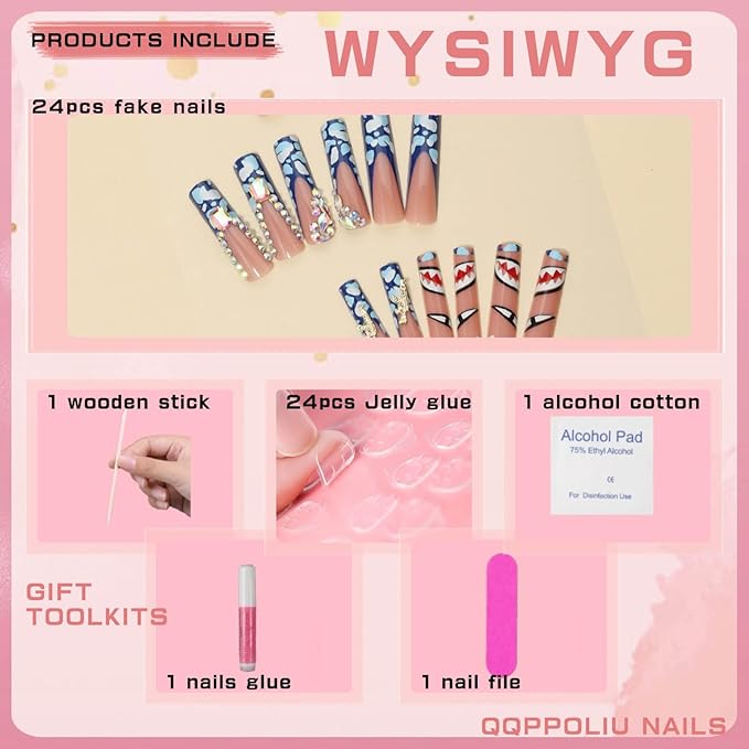 Extra Long Press on Nails,Gorgeous Patterns Fake Nails with Rhinestone False Nails(Pink & Blue)