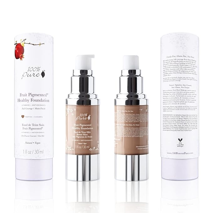 100% PURE Healthy Foundation Full Face Coverage Makeup, Liquid Matte Finish with Anti-Aging Benefits - Vegan Gorgeous Fruit Pigmented Toffee Color (Tan with Neutral Undertone) - 1 Fl Oz-VivaGrace Women