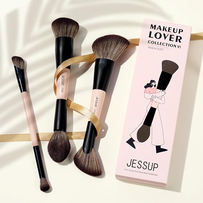 Jessup Face Makeup Brushes 3pcs Double Ended Makeup Brush Set for Foundation Contour Blush Highlight and Powder, Premium Synthetic Make up Brushes Peach Dust T508-VivaGrace Women