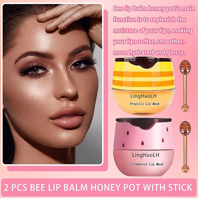 2PCS Bee Lip Balm,Hydrating Honey Pot Lip Balm with Stick,Non-Greasy Silky Sleeping Lip Mask Set,Long Lasting Lip Scrubs Moisturizer for Dry Cracked Lips(Honey +Strawberry)-VivaGrace Women