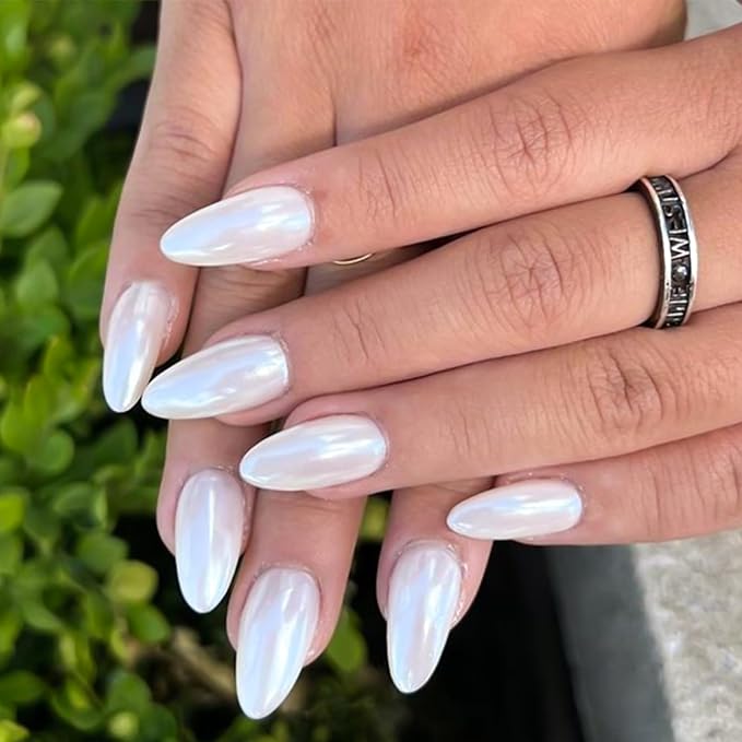 Almond Fake Nails Medium Press on Nails with Chrome Designs Mirror White Stick on Nails Glossy Glue on Acylic Nails for Women