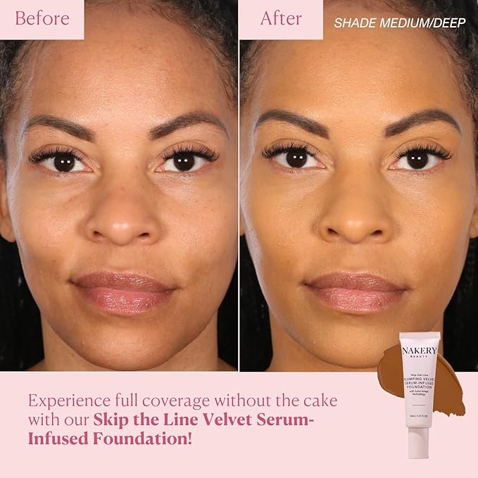 Nakery Skip the Line Full Coverage Foundation for Women - Plumping Velvet Womens Foundation Makeup Matte Finish - Age Defying Foundation - Moisturizing Foundation with Smart Color Adapt - Medium Deep-VivaGrace Women
