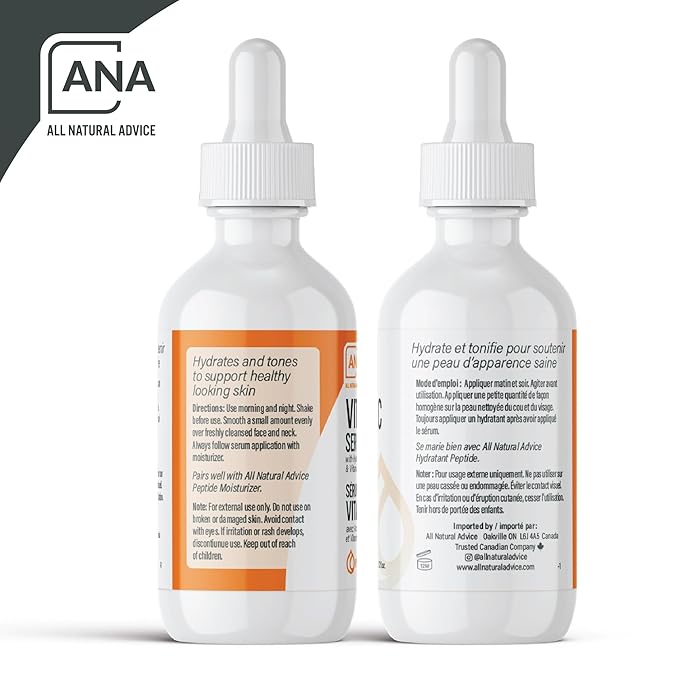 All Natural Advice Vitamin C Serum 60mL | 20% Vitamin C Face Serum Solution with Organic Botanicals, Hyaluronic Acid & Vitamin E | UV-Shielding Glass Bottle, Spray & Dropper | Canadian Skin Care-VivaGrace Women
