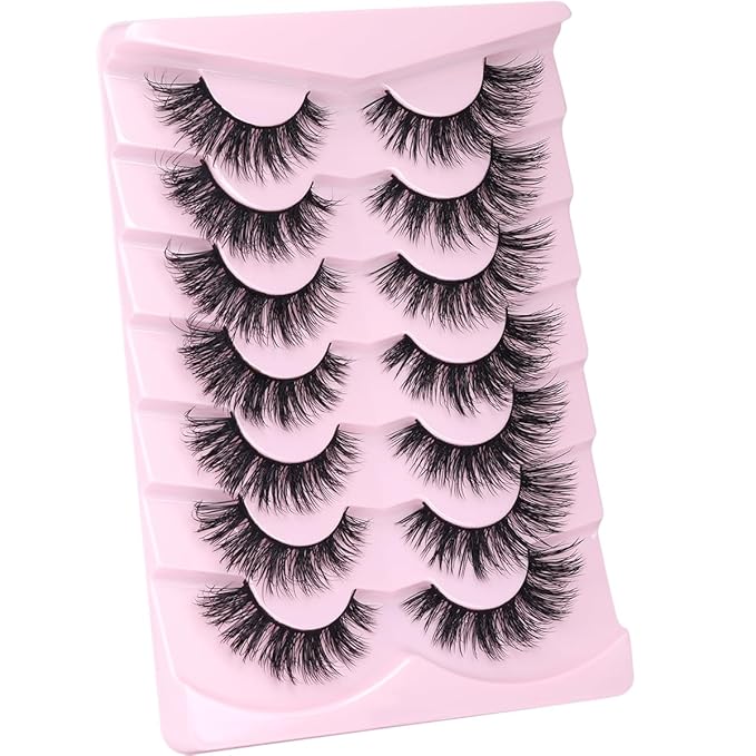 Mink Lashes False Eyelashes Natural Look Wispy Cat Eye Flat Lashes 3D Mink Lashes Natural Fake Lashes 18mm Strip Lashes Pack 7 Pairs-VivaGrace Women