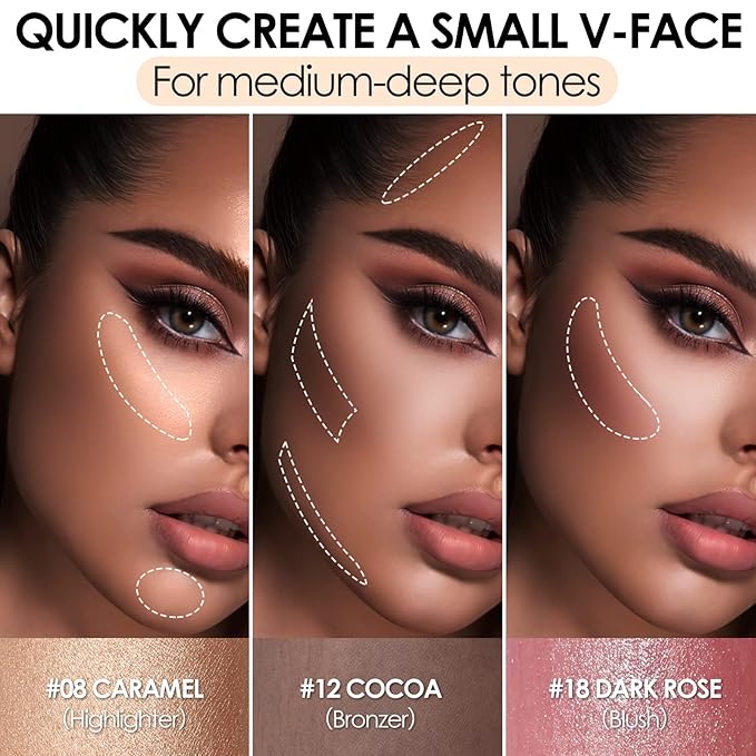 FOCALLURE 3 Pcs Cream Contour Sticks,Shades with Highlighter & Bronzer & Blush,Non-greasy Long-wear Face Contouring Pen,Easy to Sculpt the Face and Create a Lightweight Finishing Makeup,MEDIUM-DEEP-VivaGrace Women
