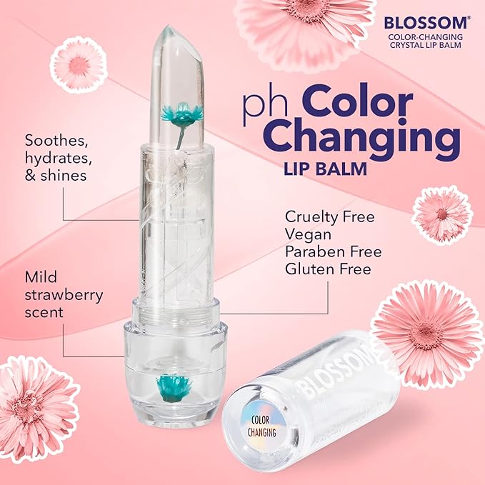 Blossom Moisturizing Custom Color Changing Crystal Lip Balm, Strawberry Scented, Lip Stain Tint, Infused with Real Flowers, 3g, Turquoise-VivaGrace Women