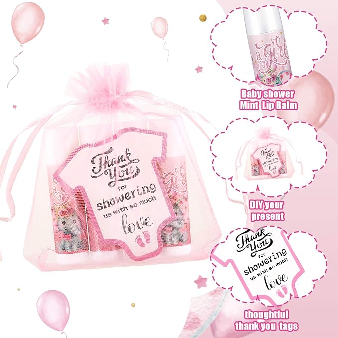 Demissle 50 Pcs Baby Shower Lip Balm Gift Set with 100 Pcs Organza Bags Baby Shower Party Favor for Guest Thank You Tag Rope Baby Shower Party Decoration Gender Reveal Souvenirs(Elephant)-VivaGrace Women