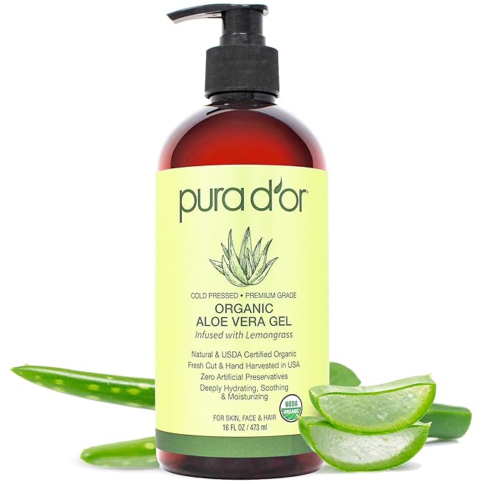 PURA D'OR 16 Oz ORGANIC Aloe Vera Gel - Lemongrass - All Natural - ZERO Artificial Preservatives - Deeply Hydrating & Moisturizing - Sunburn, Bug Bites, Rashes, Small Cuts, Eczema Relief - Skin & Hair-VivaGrace Women