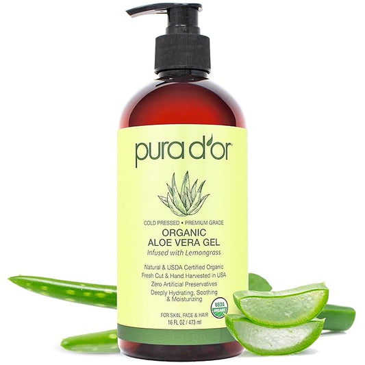 PURA D'OR 16 Oz ORGANIC Aloe Vera Gel - Lemongrass - All Natural - ZERO Artificial Preservatives - Deeply Hydrating & Moisturizing - Sunburn, Bug Bites, Rashes, Small Cuts, Eczema Relief - Skin & Hair-VivaGrace Women