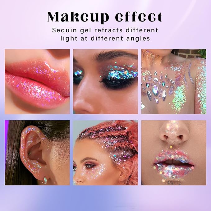 2 Colors Roll-on Body Glitter Gel, Holographic Glitter Gel Under Light for Face Hair, Body Shimmer for Rave Accessories Christmas New Year Halloween Makeup (11+13)-VivaGrace Women