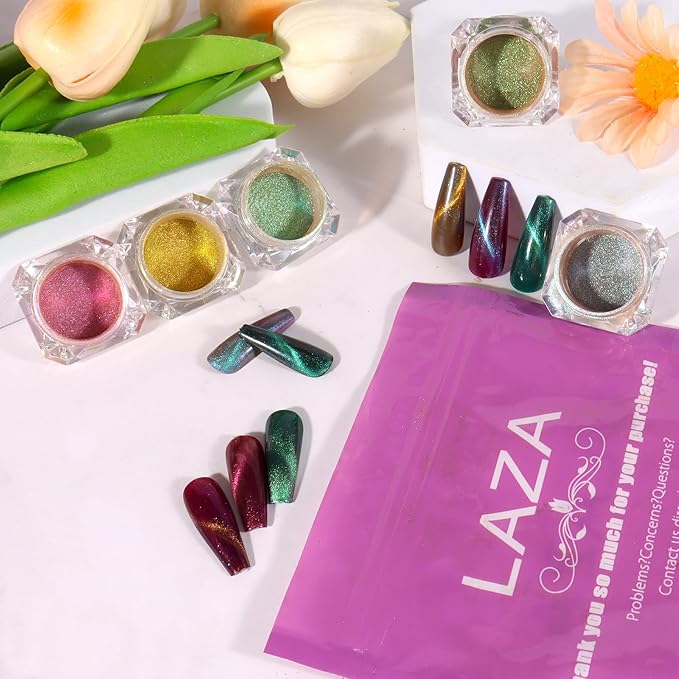 Laza 8 Colors Cat Eye Chrome Nail Powder Chameleon Magnetic Powder 3D Cat Eye Mirror Effect Pigment Dust Magic Galaxy Effect Glitter for Velvet Nail Art - Discolor Candy-VivaGrace Women