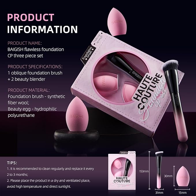 Makeup Brush Set, Flat Top Kabuki Brush Premium Foundation Brush for Liquid, Cream, and Powder with 2 Makeup Sponge for Foundation, Powder, Blush, and Concealer-VivaGrace Women