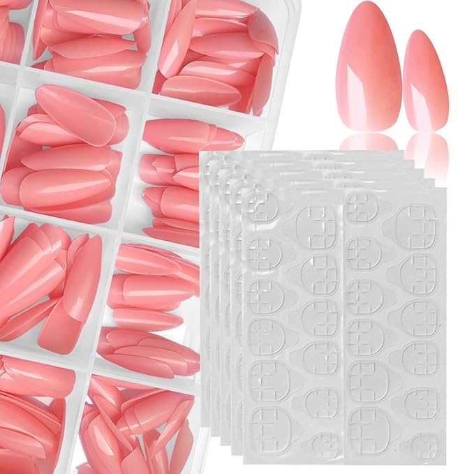 LoveOurHome 240pc Gel Almond Press on Nails Medium Stiletto Fake Fingernails Full Cover False Artificial Nail Tips Pink Manicure Decor with Tabs for Women Girls