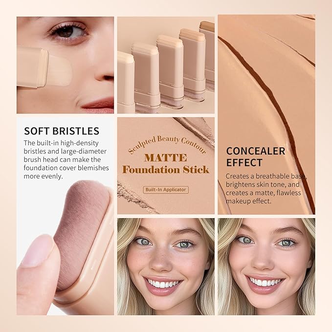 Beauty Balm Serum Boosted Skin Tint, Dual-Ended Eraser Foundation Stick with Brush, Full Coverage Cream Korean Makeup, Long-Lasting Stick for Smooth, Flawless Finish (#2 Nature)-VivaGrace Women