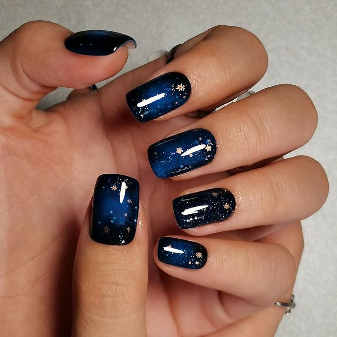 Curvlife Press on Nails Acrylic Fake Nails with Design Full Cover False Nails Reusable Nail Kit with Nail Glue Adhesive Tabs Nail File Artificial Glue on Nails (starry sky, Medium)