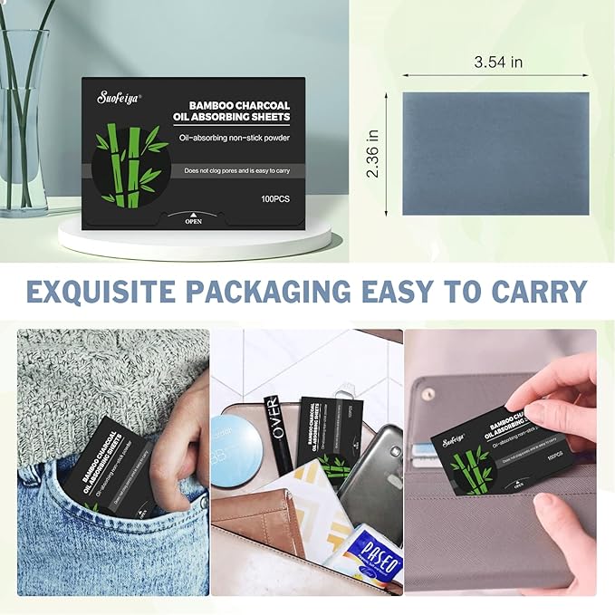 Natural Bamboo Charcoal Oil Absorbing Tissues - 6pk/600 Oil Blotting Sheets For Face, Oil Control Film, Oil Absorbing Sheets, Makeup Friendly-VivaGrace Women