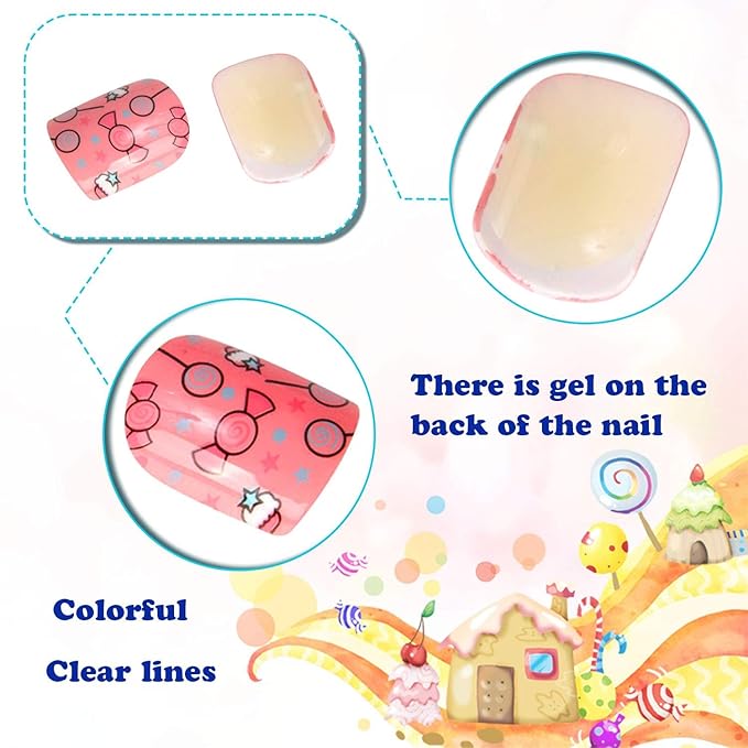 JANYUN 96 Pcs Fake Nails for Kids Pre-glue Full Cover Short False Nails Children Nails Lovely Gift
