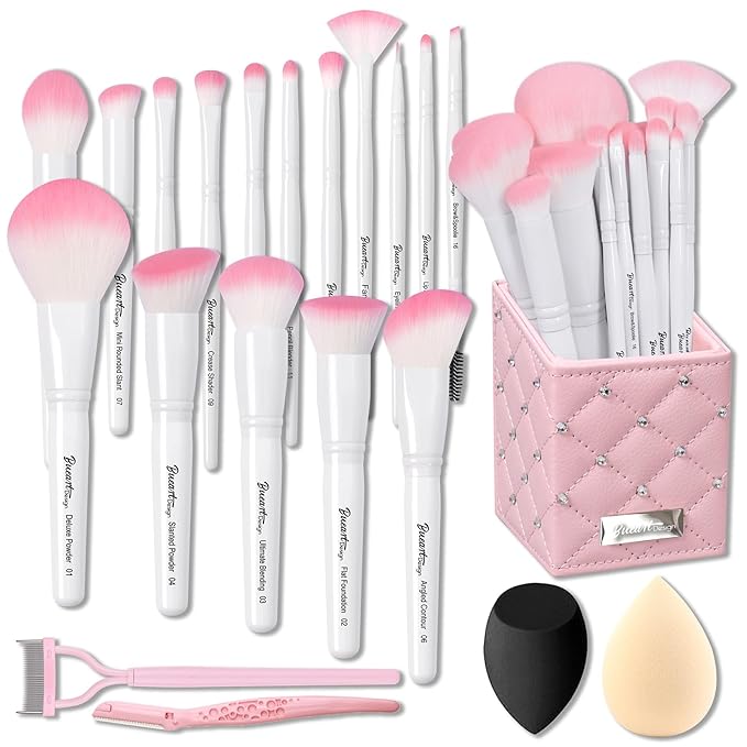 Bueart Design 16Pcs ULTRA SOFT labeled Makeup Brushes set with brush Holder face brush for Foundation Powder Blending Blush wooden Handle(16Pcs White+Pink Holder)-VivaGrace Women