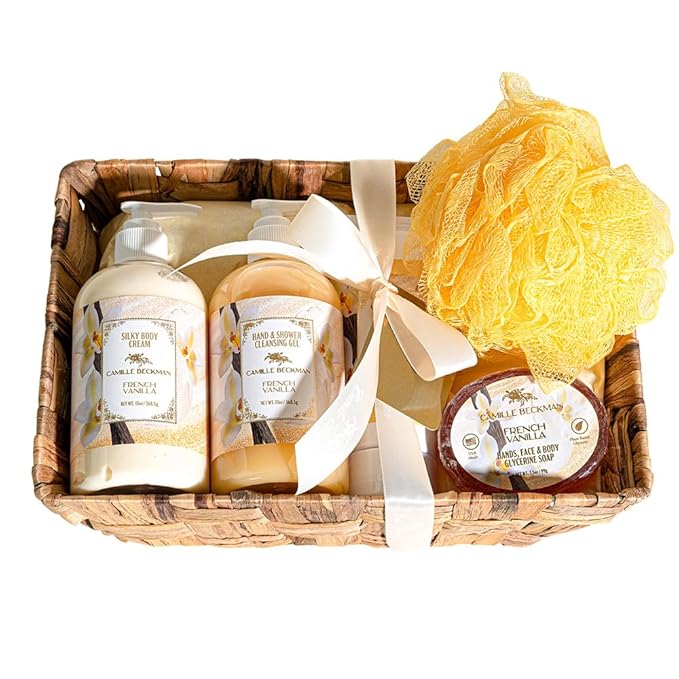 Camille Beckman Essentials Gift Basket, French Vanilla, Glycerine Hand Therapy 6 oz, Silky Body Cream 13 oz, Hand and Shower Cleansing Gel 13 oz, Glycerine Soap 3.5 oz-VivaGrace Women