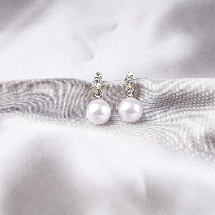 Vintage Rhinestone Pearl Drop Earrings Gold Pearl Dangle Earrings Crystal Stud Earrings Sparkly Cz Pearl Earrings Jewelry for Women-VivaGrace Women