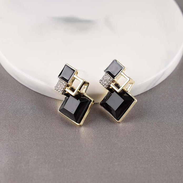 Vintage Crystal Square Drop Earrings Black Square Stud Earrings Gold Hollow Square Dangle Earrings Black Onyx Square Earrings Jewelry for Women-VivaGrace Women