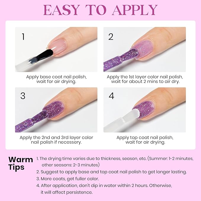 MIZHSE Air Drying Fast Nail Polish, Glitter Purple Nail Polish Non Gel Quick Dry, 15ml/0.5 fl oz Regular Sparkle Shimmery Oil-based Lacquer Full Coverage Nail Art Manicure DIY Home