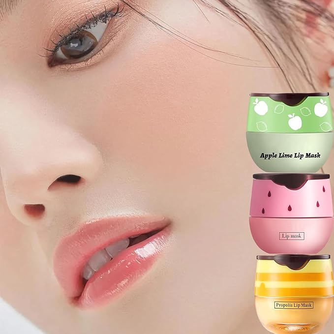 3 PCS Bee Lip Balm Lip Mask Honey Pot, Honey & Strawberry & Apple Lime Lip Mask Overnight Propolis Moisturizing Lip Balm with Stick,Hydrating Repair Lip Sleeping Mask,Prevention Dry and Cracked-VivaGrace Women
