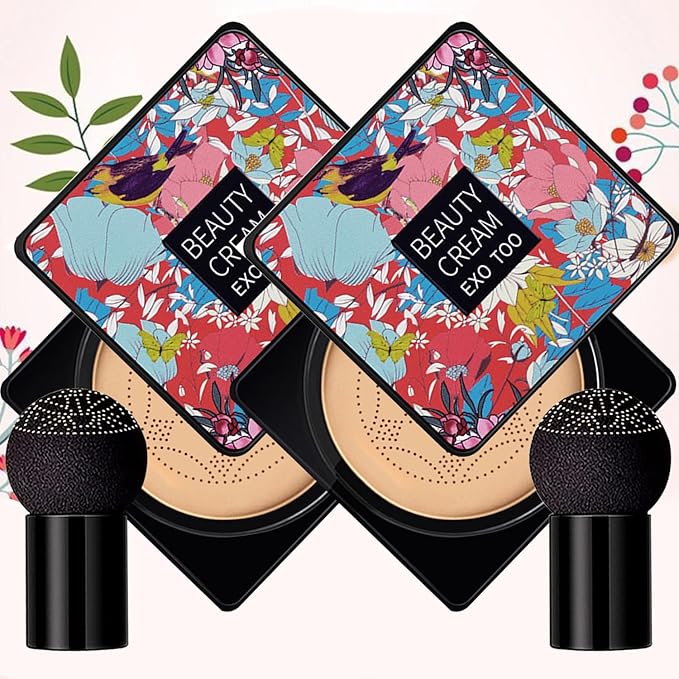 2 Pack Beauty Cream EXO TOO Foundation, Beauty Cream Makeup Base, Moisturizing, Long Lasting Matte Air Cushion CC Cream Concealer with Two Mushroom Head Sponges-VivaGrace Women