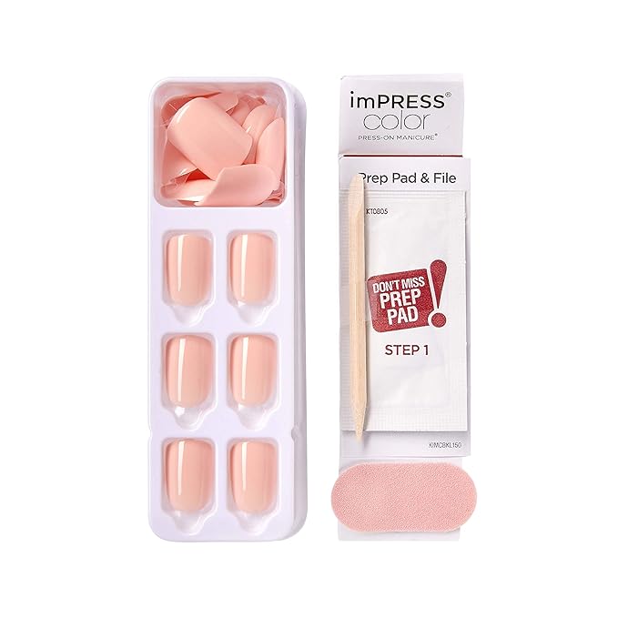 KISS imPRESS No Glue Mani Press On Nails, Color, 'Peevish Pink', Pink, Short Size, Squoval Shape, Includes 30 Nails, Prep Pad, Instructions Sheet, 1 Manicure Stick, 1 Mini File