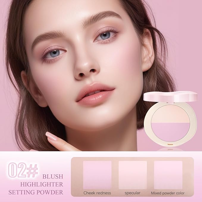 Pink Setting Powder, 3 in 1 Blush Palette with Puff, Highlighter Palette, Fine Texture Blush Pressed Powder, Setting Powder Makeup, Korea Makeup - Purple-VivaGrace Women