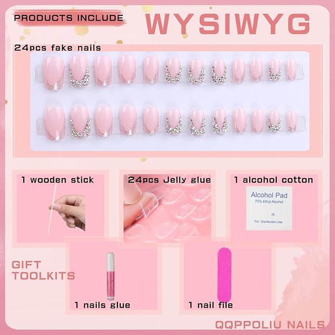 Short Press on Nails Square Nails with Rhinestone Design French Tips Cute Nails Press on Fake Nails for Girls(Pink & Silver)