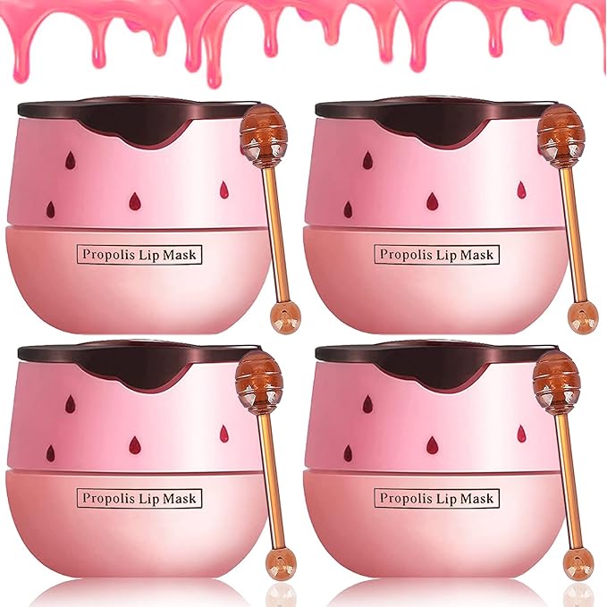4 Pack Strawberry Lip Mask Bee Lip Balm Strawberry Pot Propolis Moisturizing Hydrating Lip Sleeping Mask Prevention Dry and Cracked Lip Scrubs Exfoliator (4-Strawberry)-VivaGrace Women