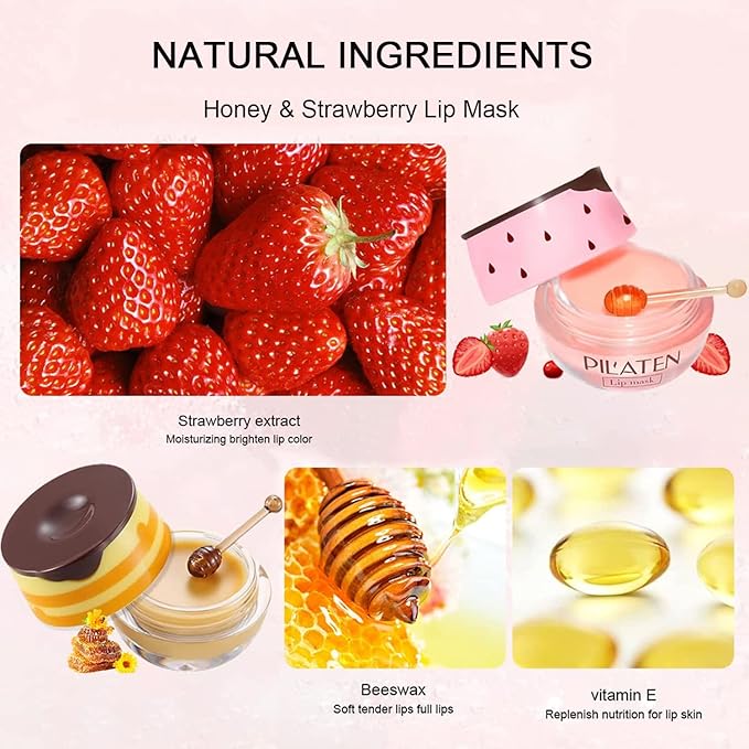2Pcs Bee Lip Balm Honey Pot, Honey & Strawberry Lip Balm Moisturizing Lip Sleep Mask with Stick Hydrating & Prevention Dry and Cracked Lip Scrubs Exfoliator, Reduces Lip Lines-VivaGrace Women