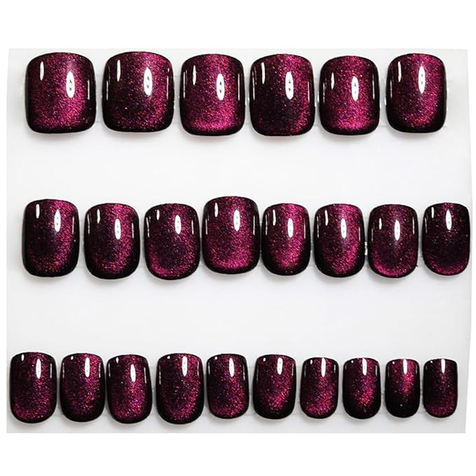 Dark Purple Press on Nails Short Square, Cat Eye Press on Nails, Fashion Gel Fake Nails, Reusable Acrylic Fake Nails, Glossy Stick on Nails for Women Girls Gift, Glue on Nails Kit, 24Pcs