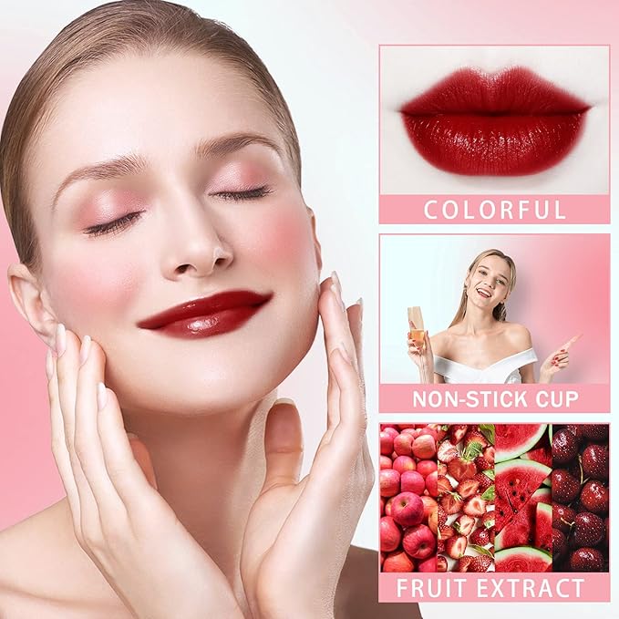 4 Pcs Fruit Lip Stain Set, Vivid Watery Lip Tint Lip Gloss, Plump Velvet Lip Tint Stain, Natural Matte Liquid Lipstick for Lips Cheek Eye, Non-Stick Cup Mini Tinted Lip Long lasting Waterproof-VivaGrace Women