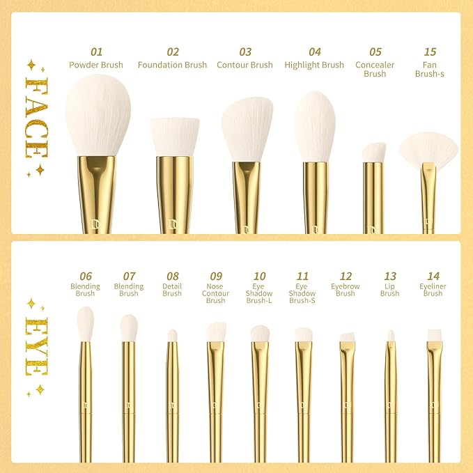 DUcare Makeup Brushes 15Pcs Makeup Brush Set with Holder Premium Synthetic Powder Foundation Contour Blush Concealer Eye Shadow Blending Liner Make Up Brush Kit gold-silver-VivaGrace Women