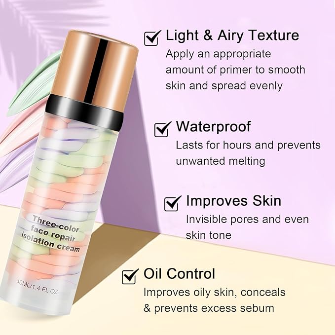 3 In 1 Color Corrector Makeup Primer Color Correcting Primer Cream Tinted Moisturizer Brightening Primer Facial Serum Isolation Cream Neutralizes Skin Tone for Face Before Makeup Base Cream-VivaGrace Women