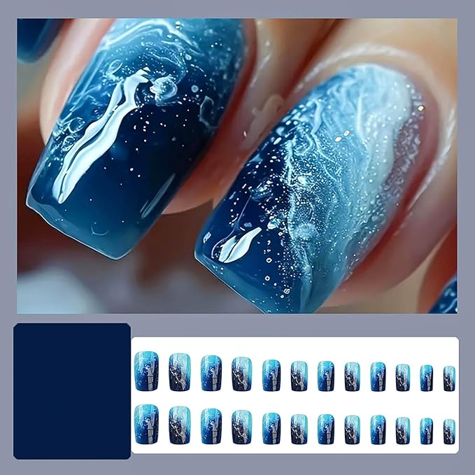 Square Press on Nails - Medium Blue Ombre False Nails with Glitter Designs, Thick Glossy Artificial Nails, 24Pcs