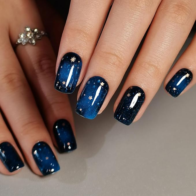 Curvlife Press on Nails Acrylic Fake Nails with Design Full Cover False Nails Reusable Nail Kit with Nail Glue Adhesive Tabs Nail File Artificial Glue on Nails (starry sky, Medium)