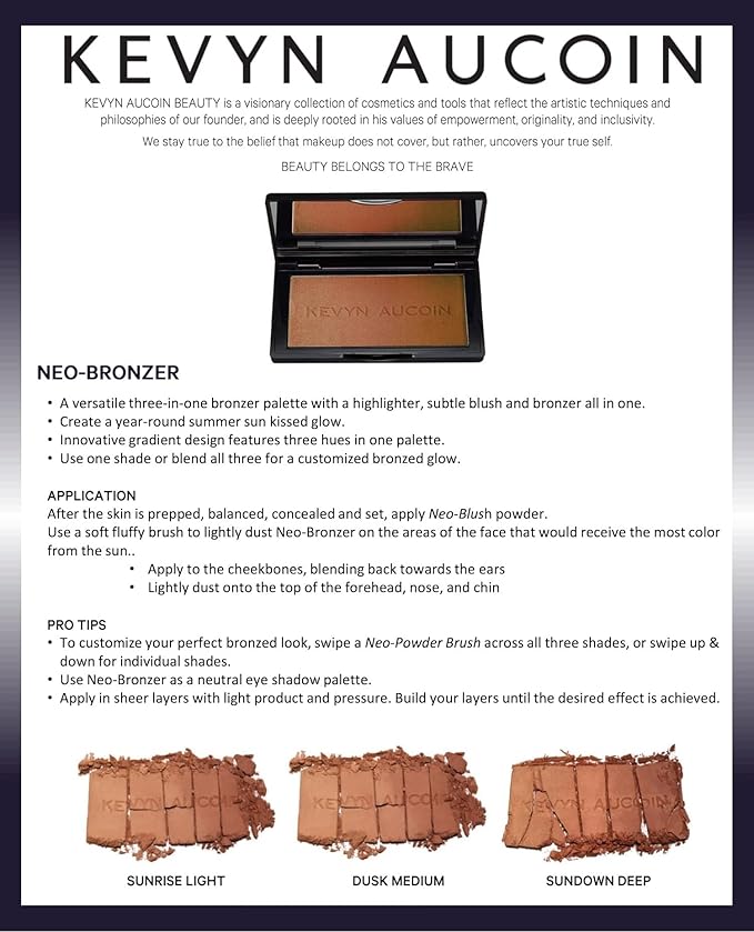 Kevyn Aucoin The Neo-Bronzer, Sunrise Light: 3 in 1 makeup palette. Highlighter, blush & bronzer in one smooth gradient makeup compact. Shimmer & matte in light, medium & deep. Sun-kissed to bronzed.-VivaGrace Women