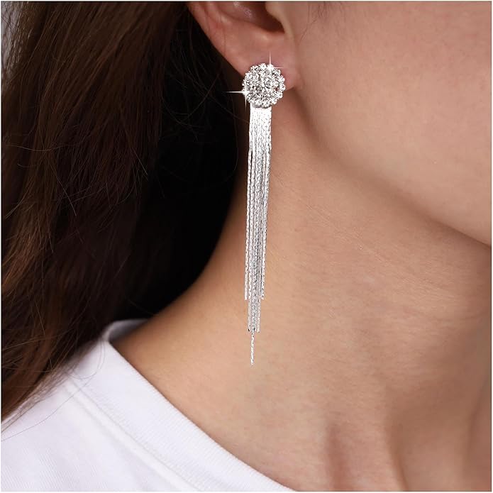 Vintage Crystal Chandelier Dangle Earrings Rhinestone Tassel Chain Earrings Wedding Chandelier Earrings Silver Full Cz Chain Earrings Jewelry for Women-VivaGrace Women