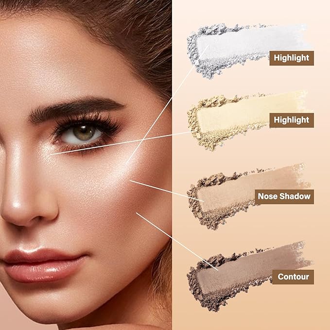 Contour Highlighter Blush Powder Makeup Palette, 4 Colors Matte Face Contour Shading with Professional Makeup Brush-VivaGrace Women