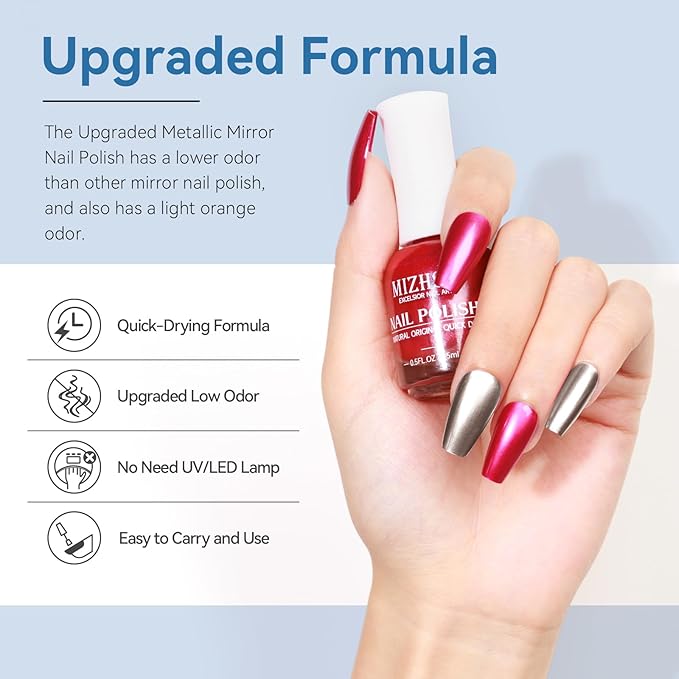 MIZHSE Quick Dry Chrome Nail Polish, Silver Mirror Nail Polish 15ml/0.5fl.oz, Air Dry Fast Mirror Metallic Effect for Fingernail Toenail Manicure Home