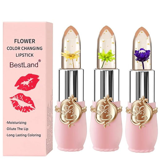 3 Pcs/Set Flower Jelly Lipstick Set Temperature Change Moisturizer Long Lasting Nutritious Balm Magic Color Change Lip Gloss (Flower Jelly Lipstick 040506)-VivaGrace Women