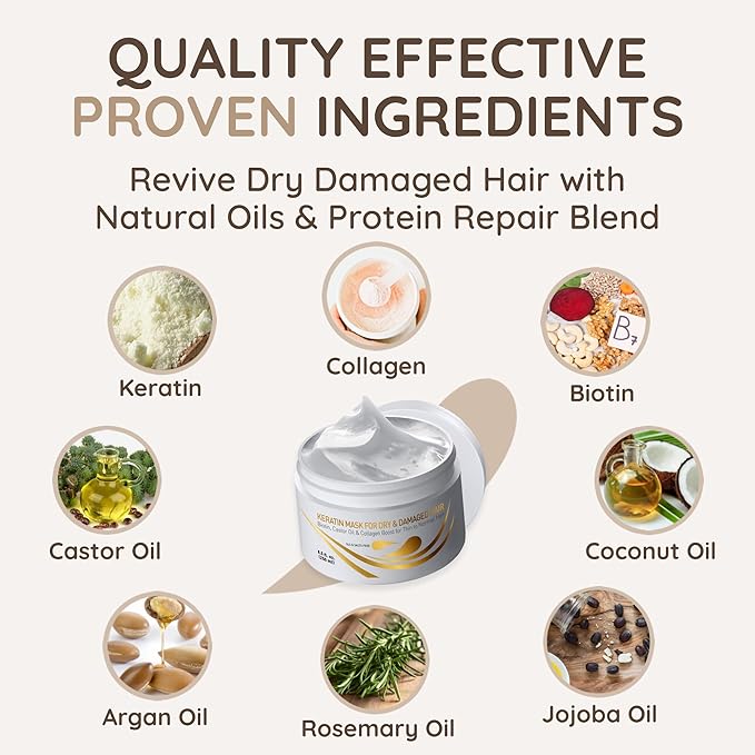 VITAMINS hair cosmetics Keratin Hair Mask - Deep Repair Conditioner with Biotin & Castor Oil - For Damaged, Dry, Curly, Straight, Thin & Fine Hair - Intense Collagen Protein Treatment-VivaGrace Women