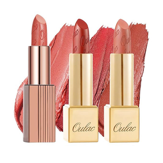 Oulac Metallic Orange Lipstick Set 3PCS, Comfortable Creamy Texture, Smooth No Grainy Feeling, Vegan & Gluten Free, Full-Coverage Lip Makeup, 3 X 4.3 g, 605+02+05-VivaGrace Women