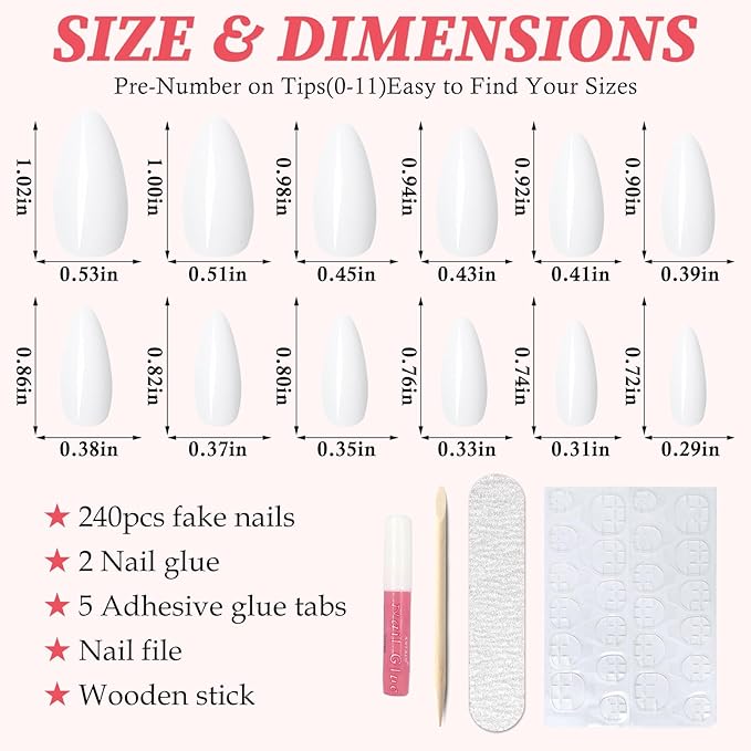 LoveOurHome 240pc Short Almond White Press on Nails Colored Fake Nail Tips Full Cover Artificial Fingernail French Stiletto Manicure with Adhesive Tabs for Women Girls Kids