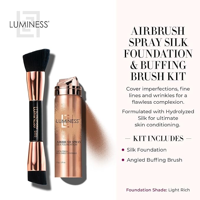 LUMINESS Silk Airbrush Spray Foundation & Buffing Brush Kit – Full Coverage Foundation & Dual-Sided Buffing Brush - Buildable Coverage, Anti-Aging Formula Hydrates & Moisturizes (Shade - Light Rich)-VivaGrace Women